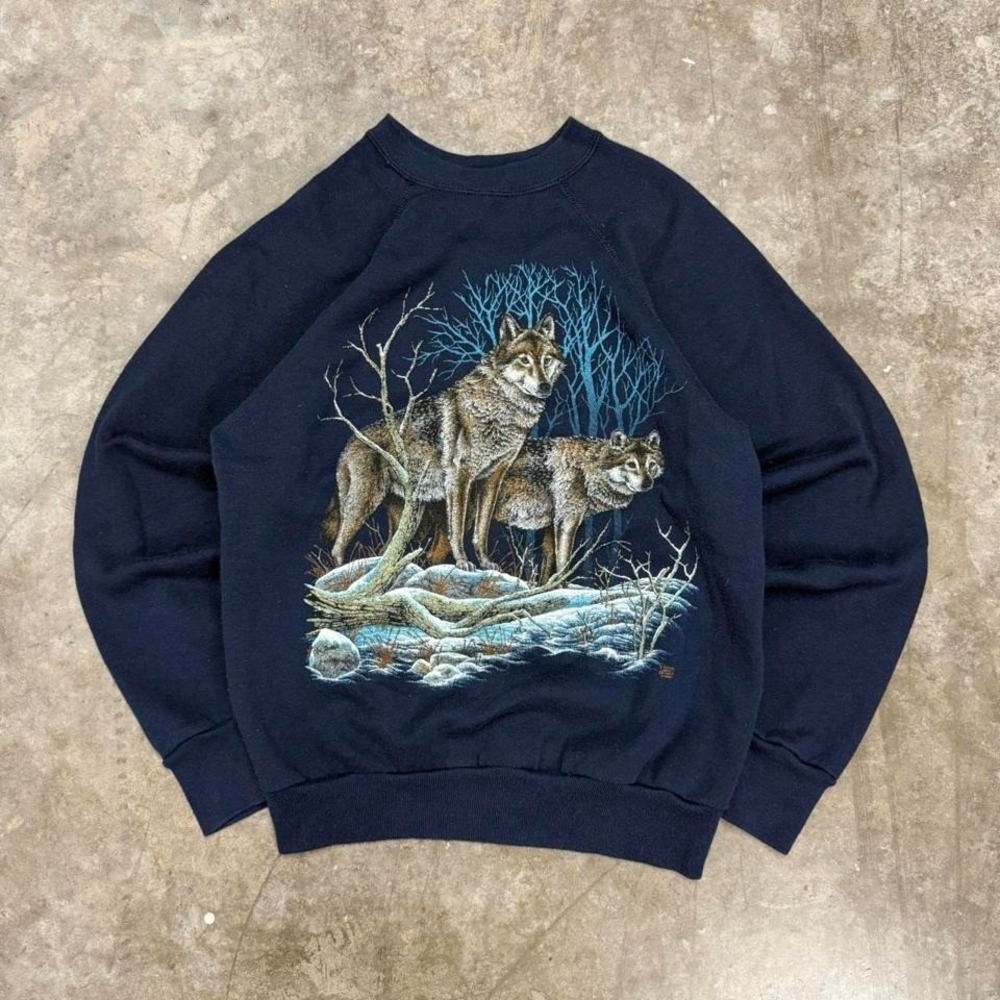 Vintage 90s Navy Blue Wolf Portrait Crewneck Sweatshirt Size S